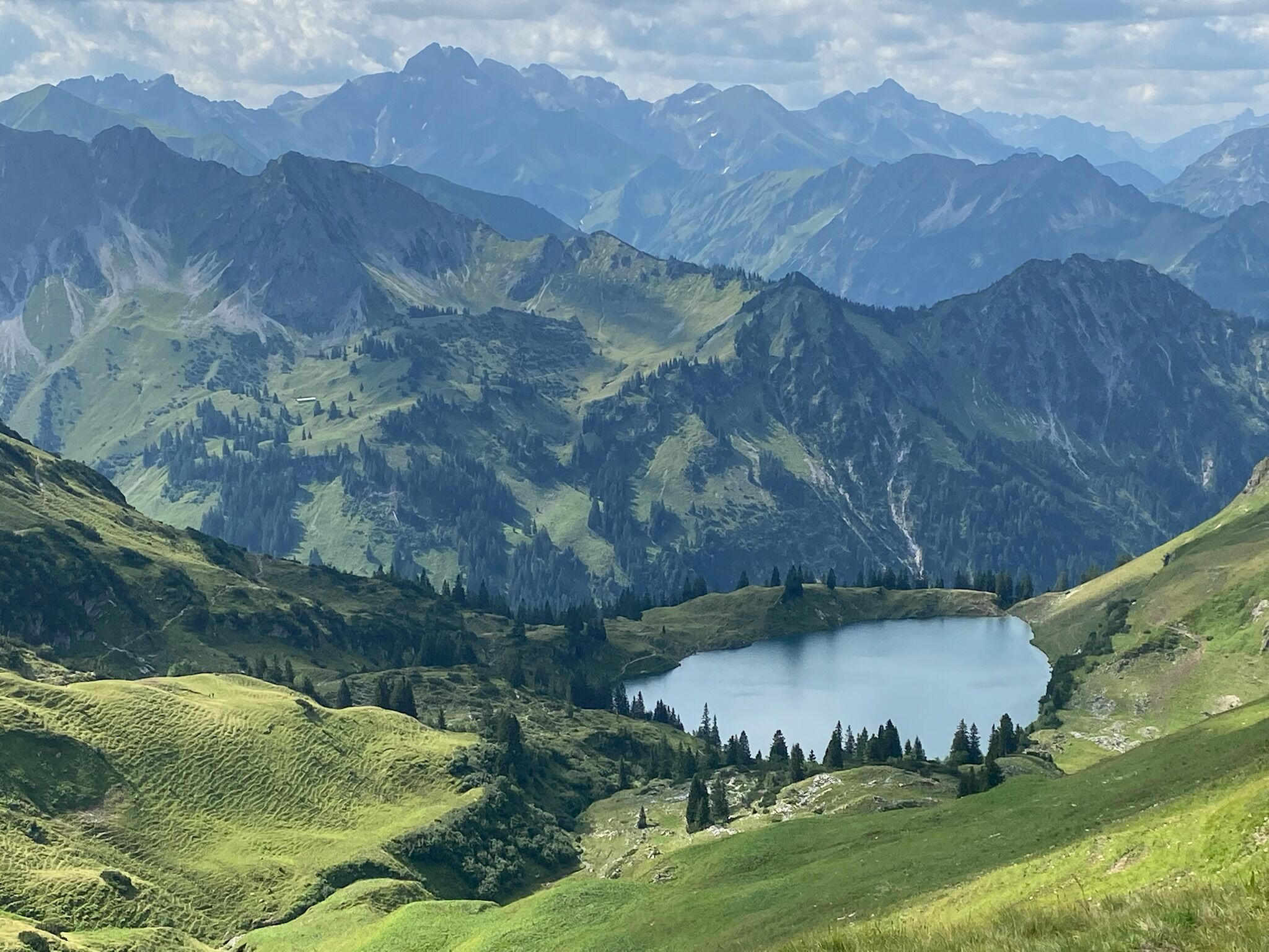 Alpiner Bergsee umgeben von grünen Almwiesen